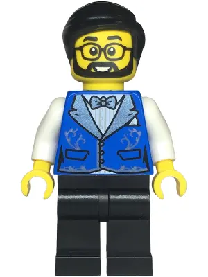 Hotel Receptionist - Male, Blue Vest with Metallic Light Blue Lapels, Black Legs, Black Hair, Beard 