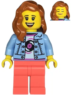 Record Store Clerk - Female, Bright Light Blue Denim Jacket over Shirt with Record, Coral Legs, Dark