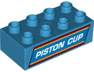 Dark Azure Duplo, Brick 2 x 4 with White 'PISTON CUP' Pattern