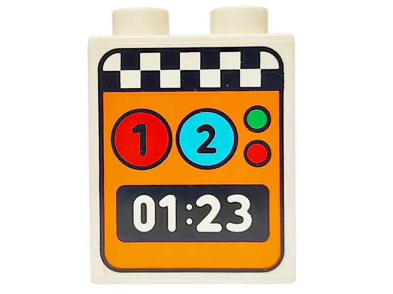 White Duplo, Brick 1 x 2 x 2 with Red and Green Lights, '1', '2', '01:23' and Black and White Checke