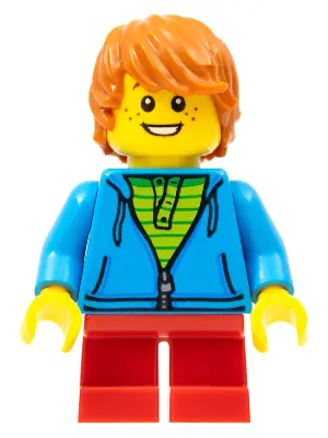 Child - Boy, Dark Azure Hoodie, Red Short Legs, Dark Orange Tousled Hair, Freckles