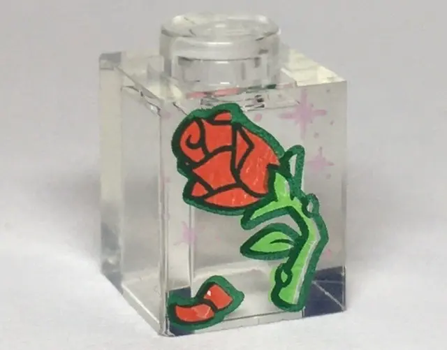 Trans-Clear Brick 1 x 1 with Red Rose and Petal, Green Stem and Metallic Pink Stars Pattern