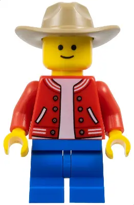 Child - Red Letterman Jacket, Blue Medium Legs, Dark Tan Fedora Hat