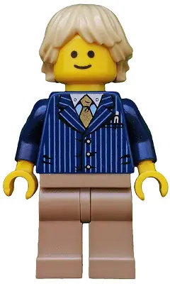 Businessman Pinstripe Jacket and Gold Tie, Dark Tan Legs, Tan Tousled and Layered Hair