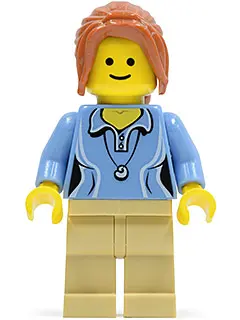 Medium Blue Female Shirt with Two Buttons and Shell Pendant, Tan Legs, Dark Orange Hair Ponytail Lon
