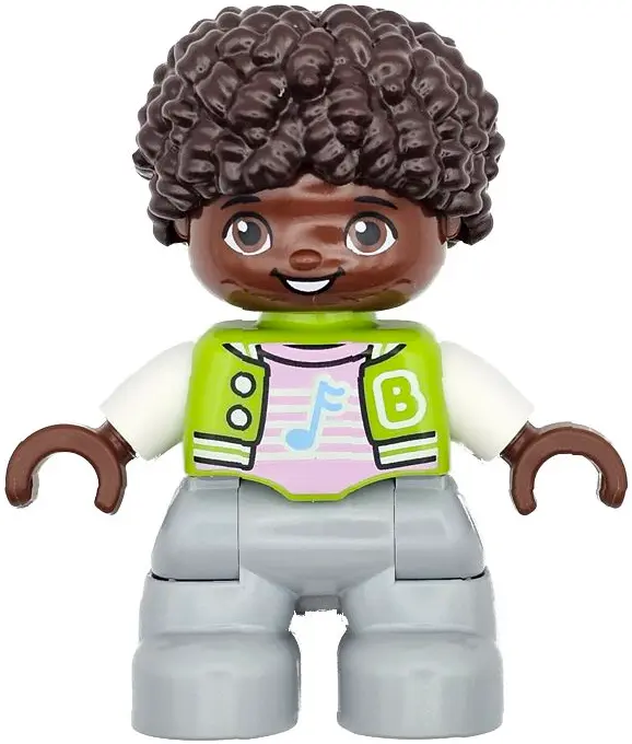 Duplo Figure Lego Ville, Child Boy, Light Bluish Gray Legs, Lime Jacket with White Sleeves, Bright P