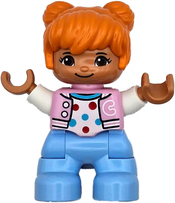 Duplo Figure Lego Ville, Child Girl, Bright Light Blue Legs, Bright Pink Jacket with Capital Letter 