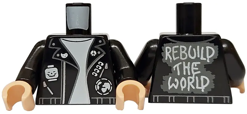 Black Torso Leather Jacket over White T-Shirt, Skull Minifigure Head, Badges, 'REBUILD THE WORLD' on