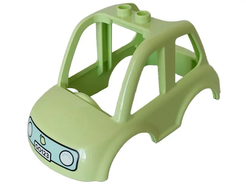 Yellowish Green Duplo Car Body High Cab 2 Top Studs with White Headlights and 'GO123' on Light Aqua 
