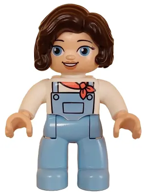 Duplo Figure Lego Ville, Female, Bright Light Blue Legs with Overalls, White Top, Dark Brown Hair (6