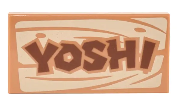 Medium Nougat Tile 2 x 4 with Reddish Brown 'YOSHI' on Tan Wood Grain Pattern