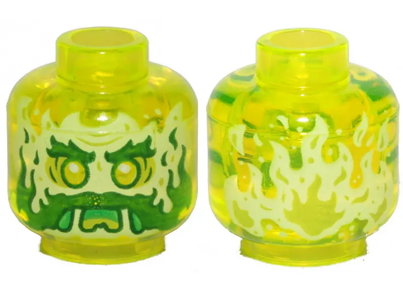 Trans-Neon Green Minifigure, Head Alien Ghost with Yellowish Green Face, Dark Green Bushy Eyebrows, 