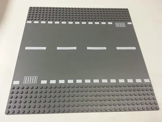 Dark Bluish Gray Baseplate, Road 32 x 32 6-Stud Straight with White Dashed Lines and Storm Drain Pat