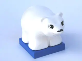 White Duplo Bear Baby Cub on Blue Base with Black Eyes Squared and Oval Nose Pattern