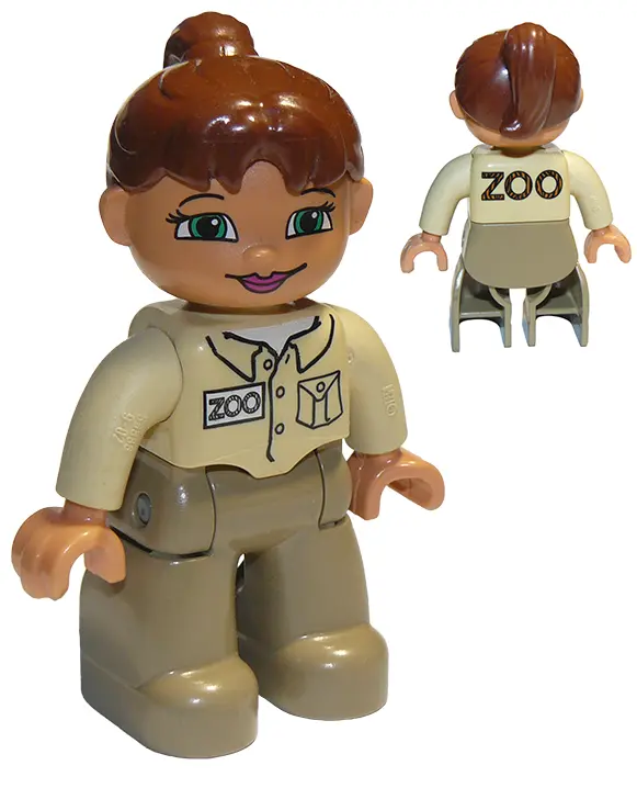 Duplo Figure Lego Ville, Female, Dark Tan Legs, Tan Top, Reddish Brown Ponytail Hair, Green Eyes (Zo