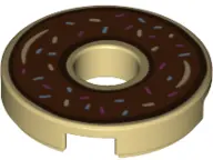 Tan Tile, Round 2 x 2 with Hole with Donut / Doughnut with Reddish Brown Chocolate Frosting and Spri
