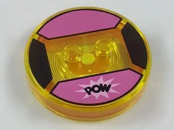 Trans-Yellow Dimensions Toy Tag 4 x 4 x 2/3 with 2 Studs and Trans-Orange Bottom with Black 'POW' in