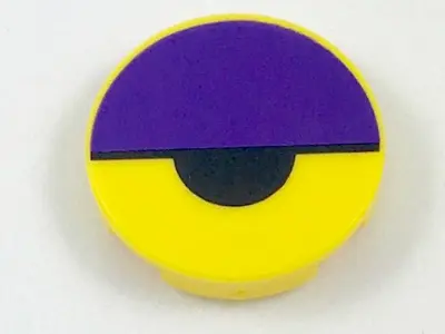 Yellow Tile, Round 2 x 2 with Bottom Stud Holder with Dark Purple Large Semicircle and Black Small S