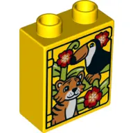 Yellow Duplo, Brick 1 x 2 x 2 with Tiger and Toucan Pattern