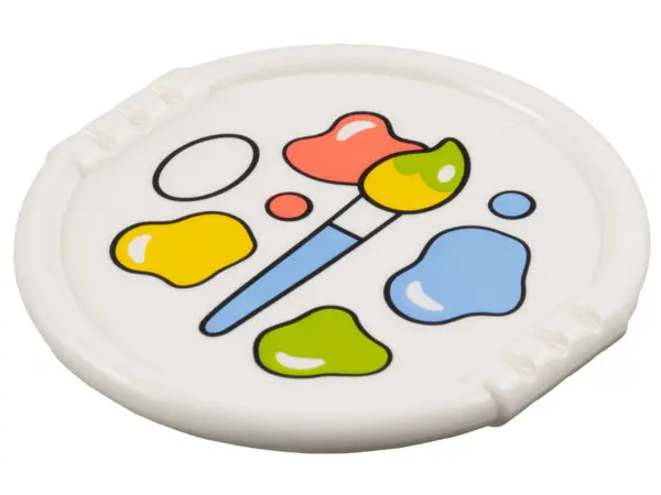 White Duplo Utensil Disk with Paint Brush and Coral, Yellow, Lime and Medium Blue Paint Pattern