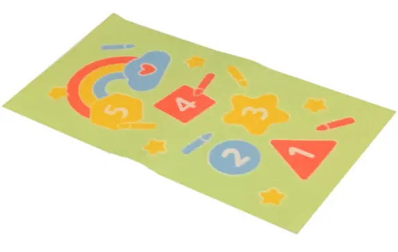 White Duplo, Cloth Play Rug 5 x 9 cm with Coral, Yellow, and Medium Blue Shapes, Crayons and Rainbow