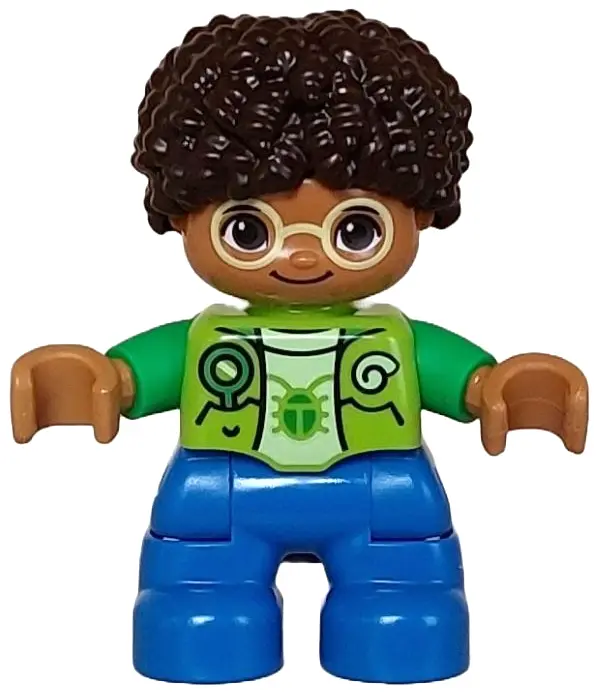 Duplo Figure Lego Ville, Child Boy, Blue Legs, Lime Vest, Yellowish Green Shirt, Bright Light Yellow