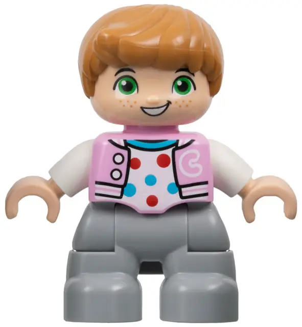 Duplo Figure Lego Ville, Child Boy, Light Bluish Gray Legs, Bright Pink Jacket with Capital Letter C