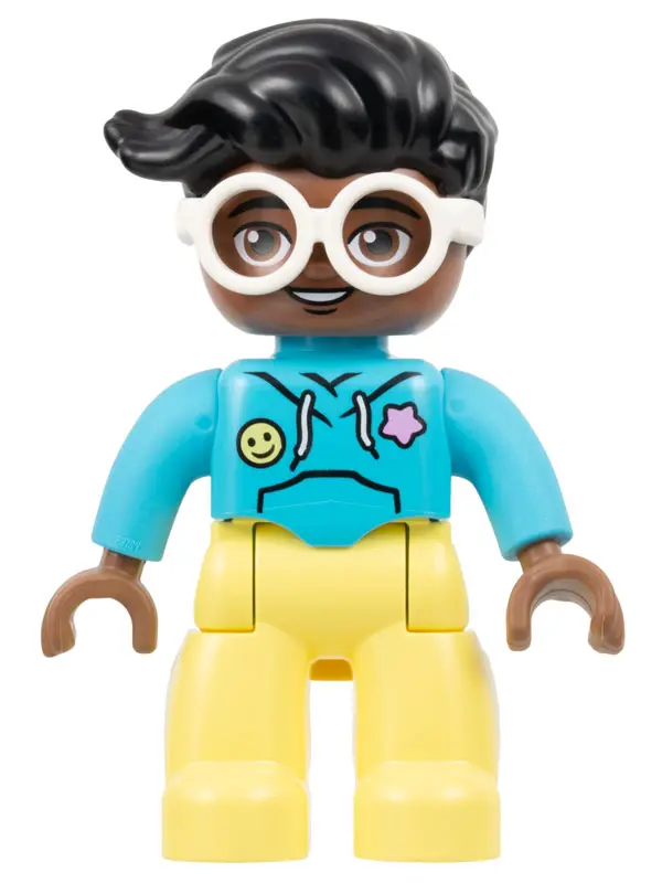 Duplo Figure Lego Ville, Female, Bright Light Yellow Legs, Medium Azure Hoodie Shirt, White Glasses,