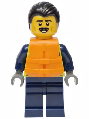 - City Officer Male, Neon Yellow Safety Vest, Dark Blue Legs, Black Combed Back Hair, Orange Life Ja