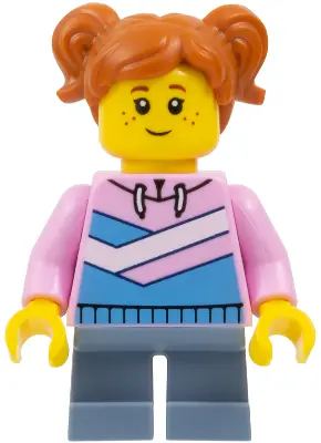 Child - Girl, Bright Pink Hoodie with Medium Blue and White Diagonal Stripes, Sand Blue Short Legs, 