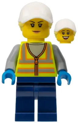 Forklift Driver - Female, Neon Yellow Safety Vest with Reflective Stripes, Dark Blue Legs, White Cap