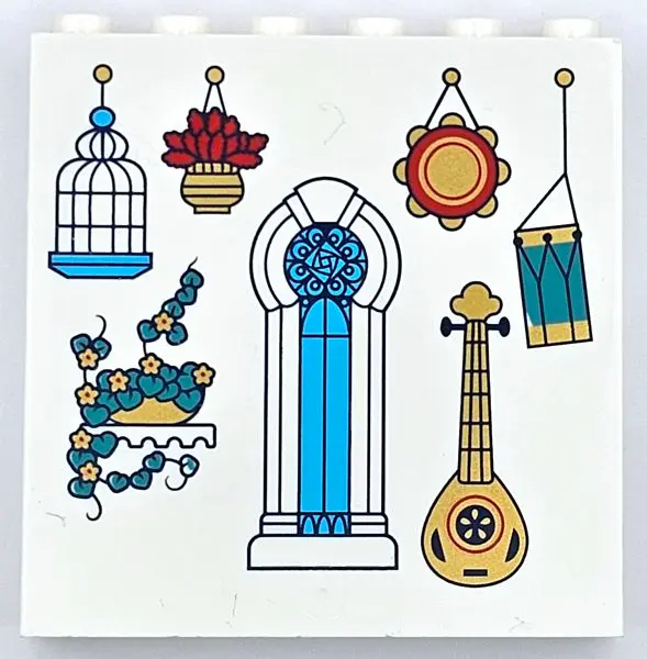 White Panel 1 x 6 x 5 with Dark Turquoise and Red Plant, Gold Lute, Medium Azure Bird Cage and Arche