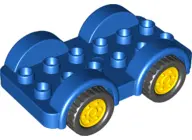 Blue Duplo Car Base 2 x 6 with Black Tires and Yellow Wheels on Fixed Axles