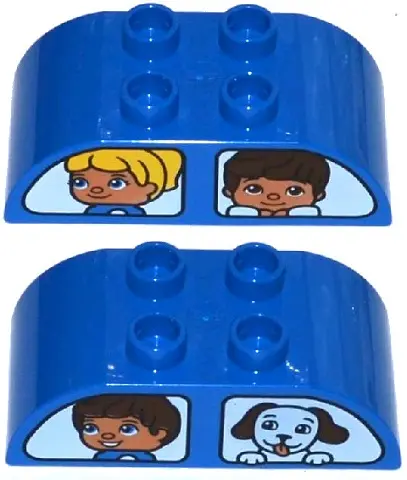 Blue Duplo, Brick 2 x 4 Slope Curved Double with White Vehicle Windows with Boy and Dog / Girl and B