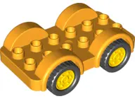 Bright Light Orange Duplo Car Base 2 x 6 with Black Tires and Yellow Wheels on Fixed Axles