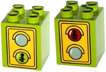 Lime Duplo, Brick 2 x 2 x 2 with Traffic Light Duplo Minifigure Green Walk / Red Don't Walk Pattern