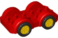 Red Duplo Car Base 2 x 6 with Black Tires and Yellow Wheels on Fixed Axles