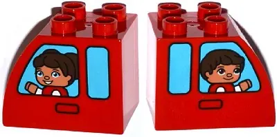 Red Duplo, Brick 2 x 3 x 2 Slope Curved with Door Handles and Medium Azure Vehicle Windows with Girl
