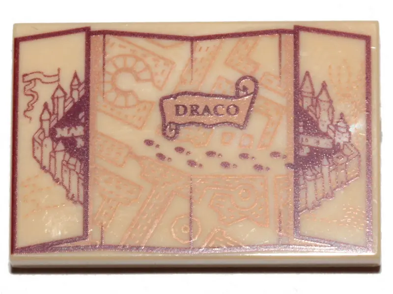 Tan Tile 2 x 3 with Marauder's Map and 'DRACO' Pattern