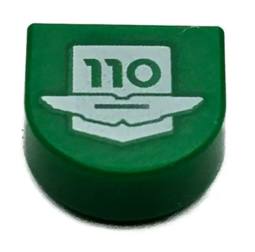 Green Tile, Round 1 x 1 Half Circle Extended with White Aston Martin Logo and '110' Pattern