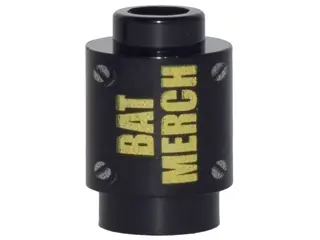 Black Brick, Round 1 x 1 with Yellow 'BAT MERCH' and Silver Screws Pattern