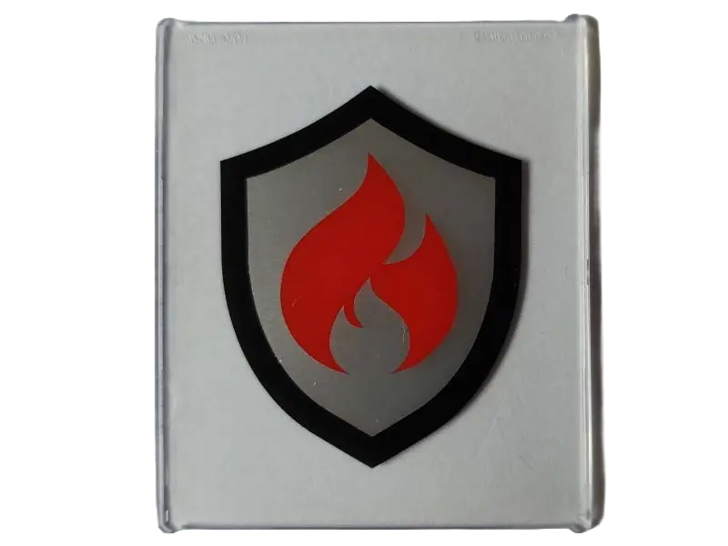 Trans-Clear Glass for Window 1 x 6 x 6 Flat Front with Black and Silver Fire Logo Badge with Red Fla