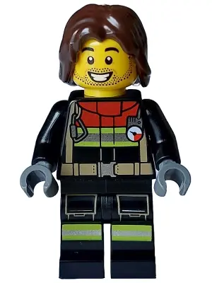 Fire - Male, Black Jacket and Legs with Reflective Stripes and Red Collar, Dark Brown Hair Mid-Lengt