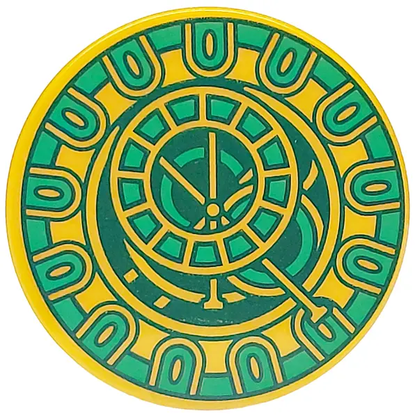 Pearl Gold Tile, Round 3 x 3 with Clock Face with Green and Dark Green Rings Pattern