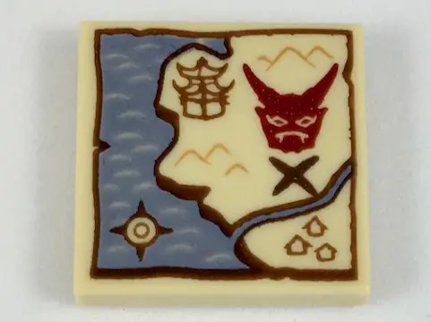 Tan Tile 2 x 2 with Treasure Map with Sand Blue Water, Dark Gray X, Dark Red Mask Pattern