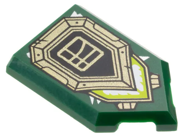 Dark Green Tile, Modified 2 x 3 Pentagonal with Black and Gold Shield, Ninjago Logogram Letter L in 