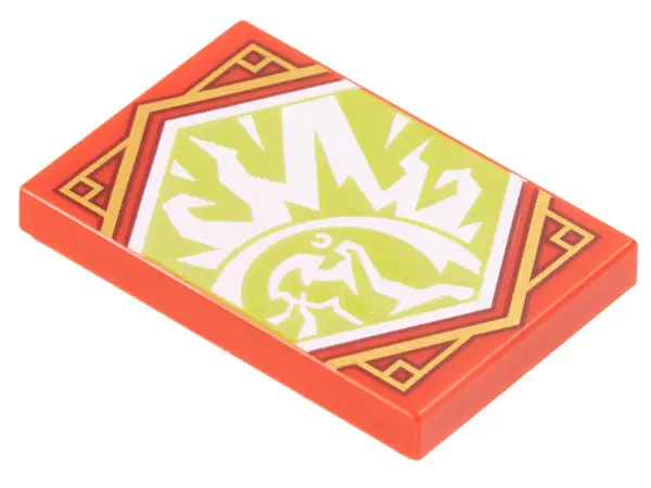 Red Tile 2 x 3 with White Ninja, Force Field, and Fire on Lime Background with Gold Trim Pattern (Ni