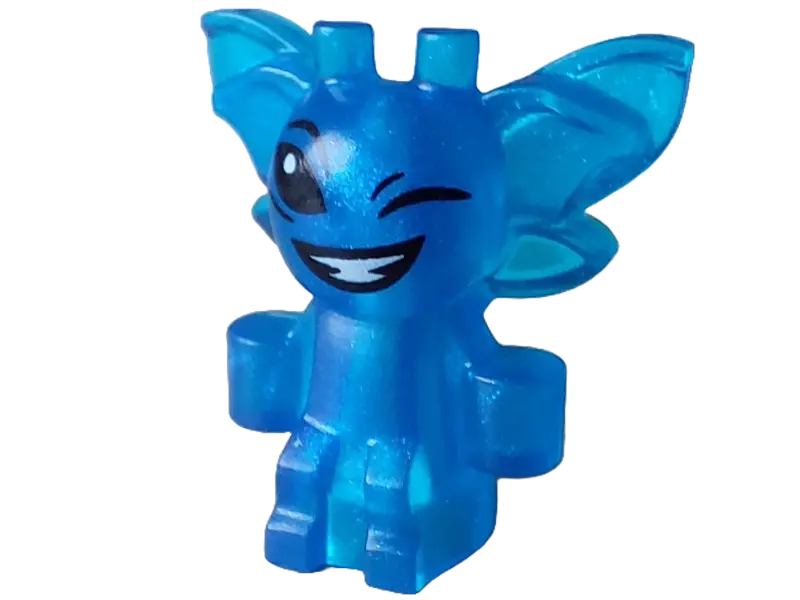 Satin Trans-Dark Blue Cornish Pixie with Black Eyes, Wink and Lopsided Open Mouth Smile with White T