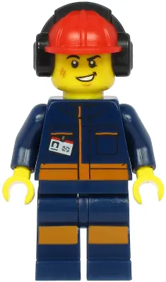 Airport Flagger - Male, Dark Blue Jumpsuit with Orange Stripes, Red Construction Helmet with Black E