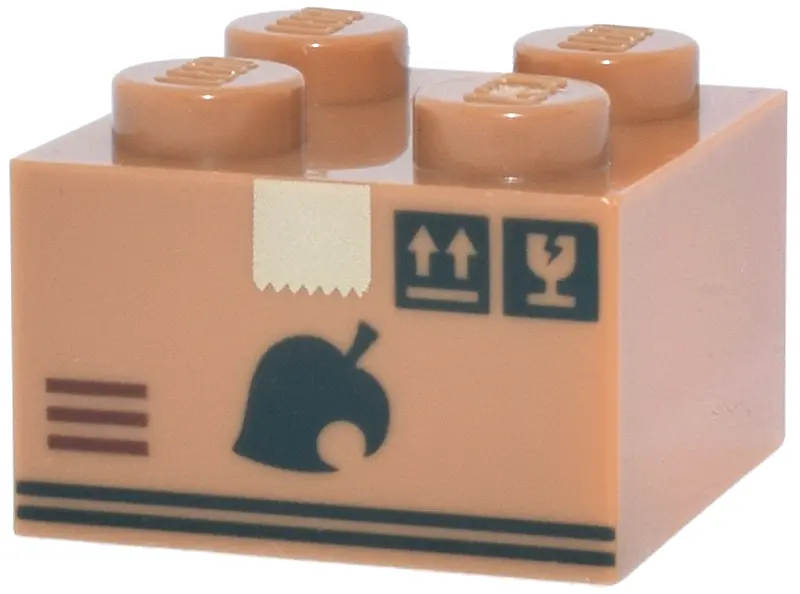 Nougat Brick 2 x 2 with Cardboard Packing Box, Dark Green Leaf and Labels, Tan Tape and Reddish Brow